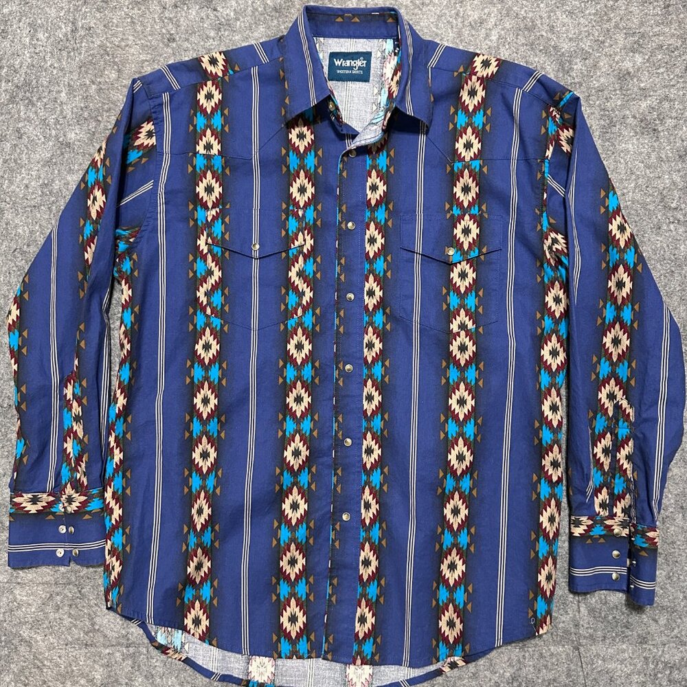 Vintage Wrangler Western Shirt - Sz L - Blue Pearl Snap Aztec Southwestern Rodeo